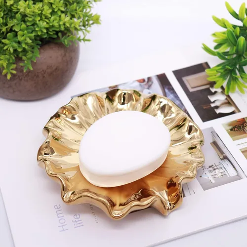 Miniatura 3 de Jabonera de hoja de loto de cerámica dorada, jabonera autodrenante, ranura de cascada, accesorios de baño para baño, cocina, mostrador de bar.