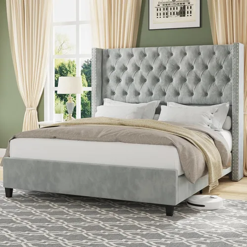 Miniatura 9 de Jocisland Base de cama tamaño Queen con cabecera de terciopelo acolchado con respaldo alado de 51.6" pulgadas, cama de plataforma tapizada moderna
