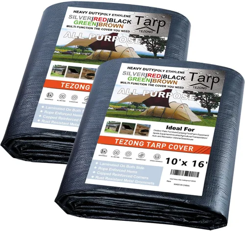 Miniatura 53 de Lonas resistentes impermeables de 4 x 5 pies, paquete de 2 lonas TEZONG negras de 0.472 in. de lona de plástico para exteriores para lluvia