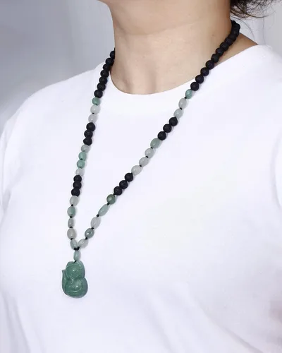 Miniatura 5 de Lightock Collares con colgante de zorro de jade de aventurina verde para mujer, cuerda trenzada de piedra de lava, difusores de aceite esencial