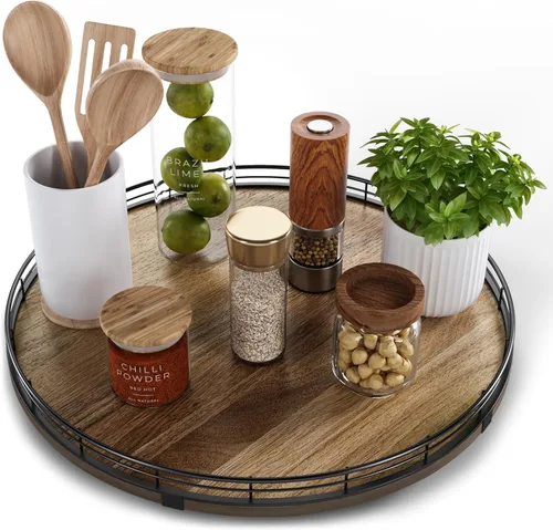 Miniatura 11 de Bandeja giratoria de tocador de Acacia de 9" para baño, organizador redondo de encimera de baño estilo granja para jabón y perfume, organizador