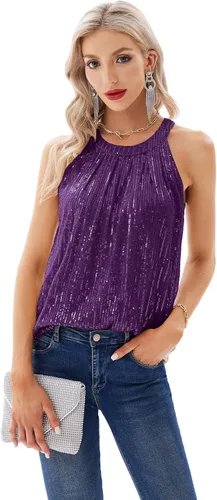 Miniatura 3 de GRACE KARIN Camiseta sin mangas con cuello halter de lentejuelas para mujer, camisola elegante y brillante, para fiesta, club, cóctel, chaleco