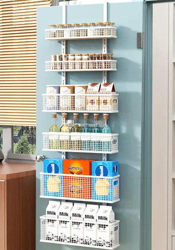 Miniatura 10 de Bunoxea Organizador de despensa de 6 niveles para colgar sobre la puerta, estante de especias colgante con cesta ajustable, estantes para colocar