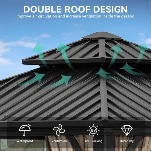 Miniatura 2 de DWVO Gazebo de techo rígido de 10 x 10 pies, techo doble con redes y cortinas, techo de rayas verticales de acero galvanizado resistente para patio