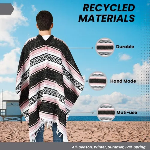 Miniatura 41 de Artisans Bazaar Poncho tradicional mexicano de Baja para hombres y mujeres, auténtico sarape de Gaban, manta de vaquero Pancho Jorongo