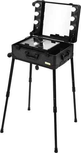 Miniatura 8 de Maletín de aluminio para maquillaje con luces LED, organizador profesional de cosméticos con altavoz, ruedas y soportes, estación de tocador