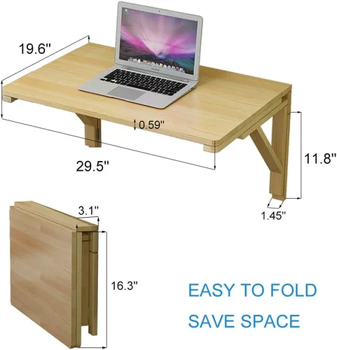 Miniatura 2 de MM MELISEN Escritorio plegable de madera, mesa plegable de montaje en pared natural de 29.5 x 19.6 pulgadas para espacios pequeños. Perfecto como un
