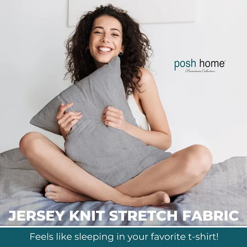 Miniatura 2 de Posh Home Juego de sábanas de punto de jersey, sábanas de 3 piezas, sábanas de jersey de algodón transpirable y suave, incluye sábana encimera