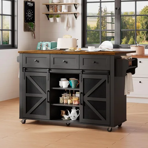 RALGEND Isla de cocina con almacenamiento, carrito de cocina de 55" con estación de carga, mesa de isla de cocina rodante con hoja abatible, 3 Negro