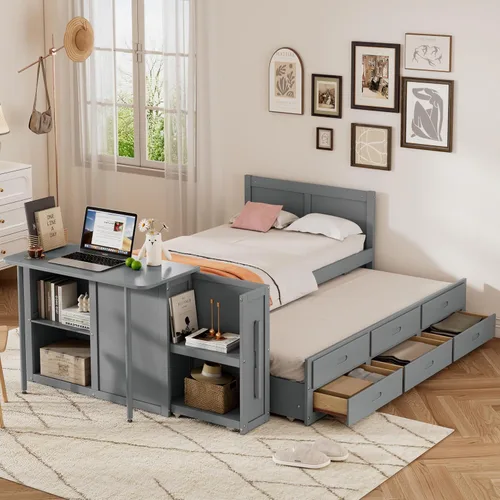 Miniatura 3 de Cama de plataforma de tamaño individual con nido y 3 cajones, escritorio pequeño, cama individual con gabinete extraíble y estantes