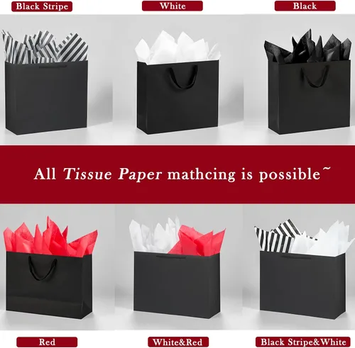 Miniatura 7 de Offizon 12 bolsas de regalo negras, bolsas de regalo con papel de seda