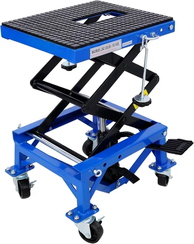 Miniatura 10 de Gato hidráulico de tijera para motocicleta de 300 libras, escalón de pie con 4 ruedas para motocicletas de cross pequeñas, soporte de gato