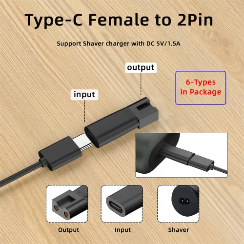 Miniatura 4 de 6 unids/set USB-C hembra a 2 pines DC 5 V potencia carga adater para cortadora de pelo eléctrica barba recortadoras afeitadoras instrumentos