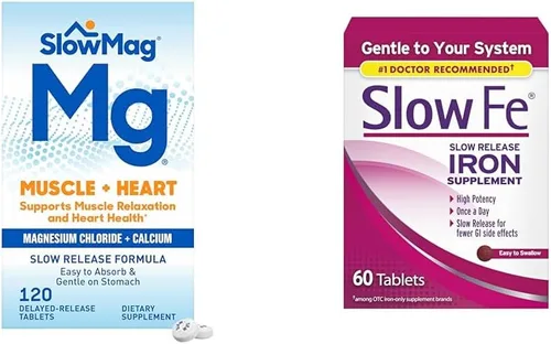 SlowMag Muscle Heart Cloruro de magnesio Calcio 120 unidades y Slow Fe 45mg Suplemento de deficiencia de hierro 60 unidades