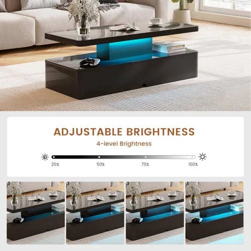 Miniatura 5 de Mesas modernas de sala de estar, mesa de centro LED con luces LED, mesa central rectangular de 2 niveles con gran almacenamiento, superficie de alto