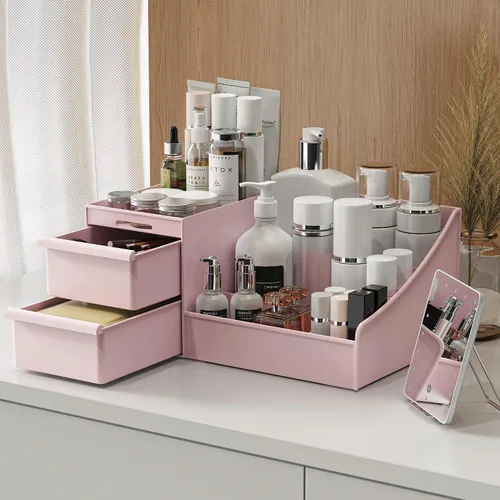 Miniatura 2 de DancesCat Organizador de maquillaje rosa y 2 cajones en mostrador, organizador de tocador con 7 compartimentos y 2 cajones para cosméticos, cuidado