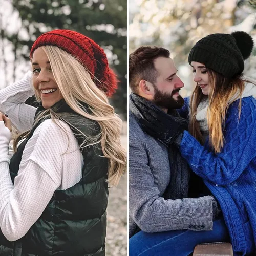Miniatura 7 de IYEBRAO - Paquete de 2 gorros de invierno para mujer con pompones y forro polar suave y cálido