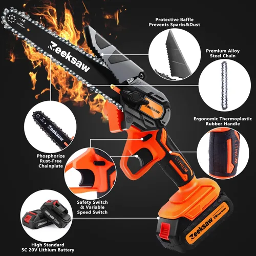 Miniatura 6 de ZEEKSAW Mini motosierra inalámbrica de 6 pulgadas, súper motosierra de mano con 2 baterías grandes, mini motosierra eléctrica alimentada por