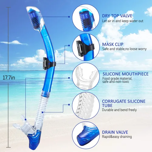 Miniatura 2 de Supertrip Snorkel seco para adultos, buceo con protector contra salpicaduras y válvula superior, esnórquel de buceo libre para adultos y jóvenes