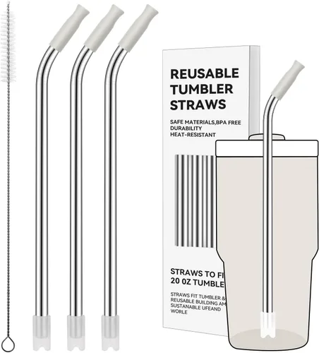 Miniatura 57 de Pajitas de metal rectas para vaso Stanley de 40 onzas, paquete de 3 popotes reutilizables de acero inoxidable con puntas de silicona y cepillo Gris