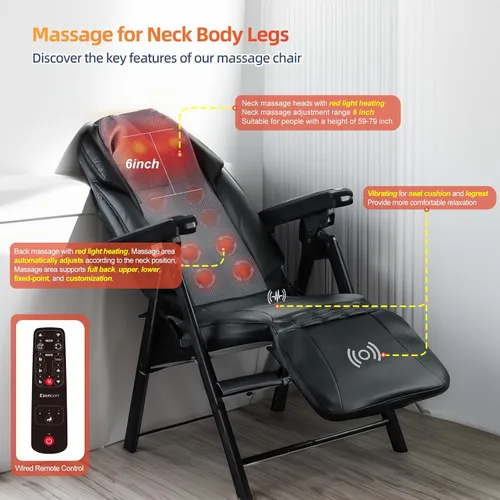 Miniatura 3 de Silla de masaje eléctrica plegable con calor, Shiatsu, amasamiento, vibración, relajación de cuerpo completo, respaldo ajustable y altura