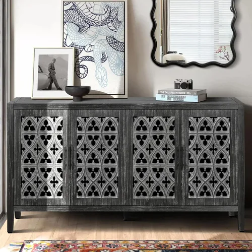 Aparador de buffet Credenzas para sala de estar, mesa de entrada de 60 pulgadas con gabinete de almacenamiento, puertas huecas talladas, negro Azul