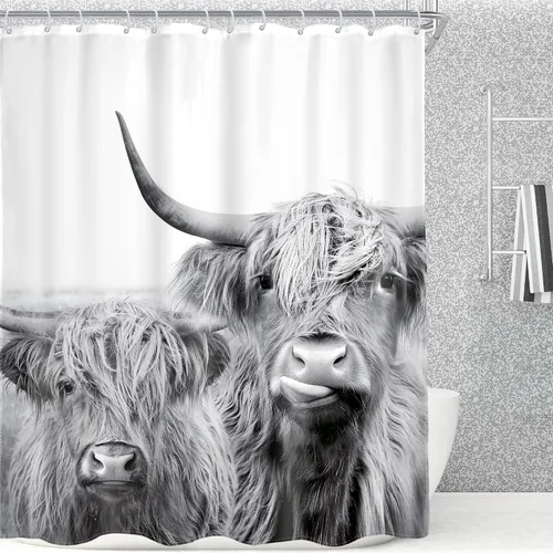 Miniatura 13 de AMBZEK - Cortina de ducha pequeña para establo con vaca de las tierras altas, 36 pulgadas de ancho x 72 pulgadas de largo, toro occidental, diseño