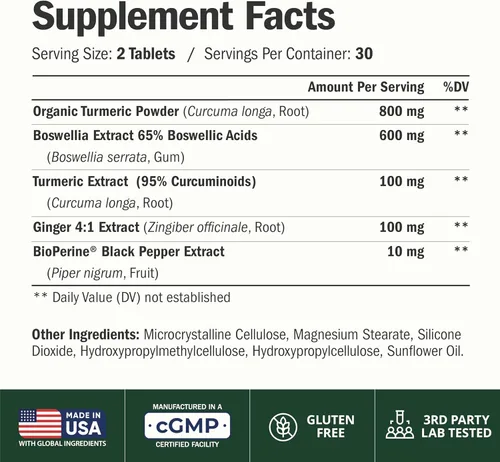 Miniatura 3 de Suplemento de curcumina de cúrcuma Boswellia Serrata: tumérico orgánico, extracto de boswellia, jengibre y bioperina para una máxima absorción
