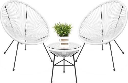 Best Choice Products Juego de 3 piezas para exteriores Acapulco para todo tipo de clima, con cuerda de plástico, mesa superior de vidrio y 2 sillas,