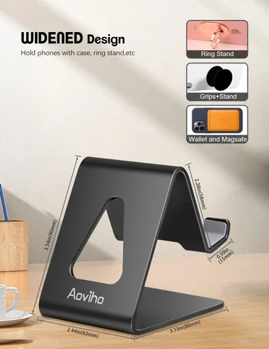 Miniatura 4 de Aoviho Soporte de teléfono celular para escritorio, soporte de teléfono de aluminio para iPhone 17 16 15 Pro Max, Samsung Galaxy, accesorios de Negro