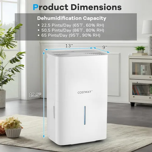 Miniatura 8 de COSTWAY Deshumidificador Energy Star de 65 pintas, 5000 pies cuadrados, deshumidificador portátil grande para sótanos con 2 modos y 3 velocidades