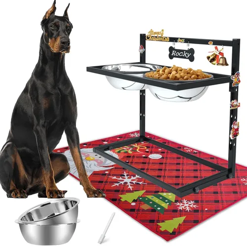 Miniatura 11 de SHAINFUN Soporte de Cuencos Elevados/Alzados para Perros con Altura Ajustable con Dos Cuencos de Comida de Acero Inoxidable de 1.7L y Tapete a