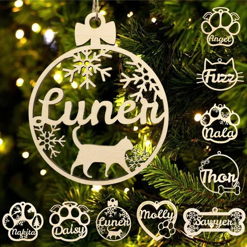 Miniatura 11 de Adorno personalizado de pata de perro y gato, adorno personalizado con nombre de mascota, adornos de madera personalizados para árbol de Navidad