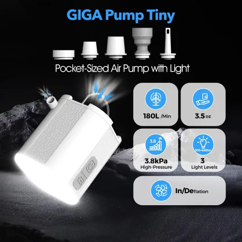 Miniatura 2 de GIGA PUMP Pequeña bomba de colchón de aire, bomba de aire portátil para inflables con luz de campamento, bomba de aire eléctrica de 3.8 kPa con 1600