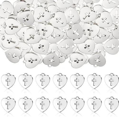 100 Piezas Dijes Religiosos de Plata Dijes de Cruz Aleación de Metal Colgantes de Cruz Corazón Dijes de Cruz Corazón para Reuniones Religiosas