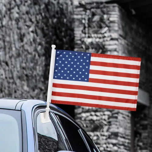 Miniatura 5 de Paquete de 2 banderas de automóvil, bandera de Estados Unidos para exteriores con bandera estadounidense y mástil, el clip para ventana con logotipo