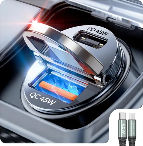 AINOPE 90W para iPhone 17/16/15 Pro Max Cargador de coche USB C Fast Chage, [Mini y Metal] Adaptador de encendedor de cigarrillos invisible con