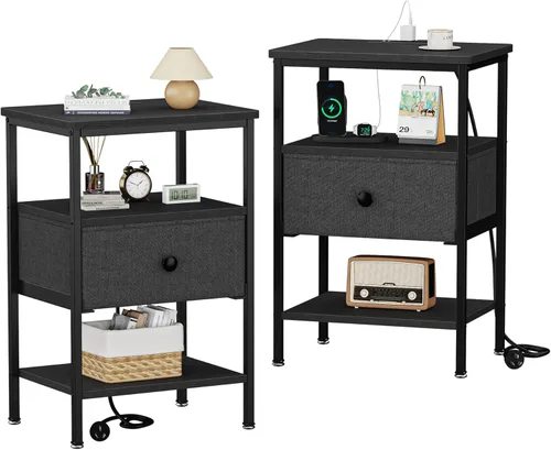 Miniatura 8 de VECELO Mesas auxiliares con estación de carga, mesita de noche con estante de almacenamiento y cajón de tela, mesitas de noche para dormitorio, sala