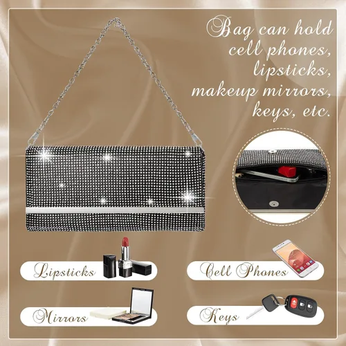 Miniatura 4 de Tessco Bolso de noche para mujer con purpurina para mujer, para noche, boda, fiesta, graduación, bolso de diamantes de imitación con cadena