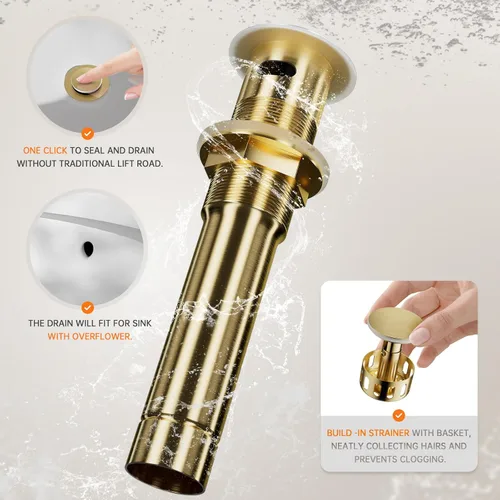 Miniatura 9 de Phiestina Grifo de lavabo de baño de 3 agujeros generalizado de oro cepillado, juego de llave de baño de 8 pulgadas con drenaje emergente de metal