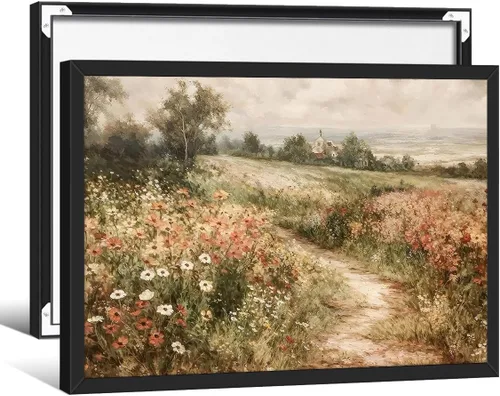 Arte de pared de paisaje con flores silvestres y naturaleza, póster floral botánico retro, pinturas de plantas de cabaña, impresiones en lienzo de