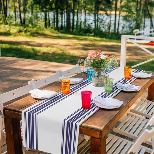 Miniatura 3 de Nautical Navy Blue Vertical Striped Table Runner Dresser Scarves, 13x36In Non-Slip Rectangular Table Dress Scarf White Kitchen Dinner Tables Decor