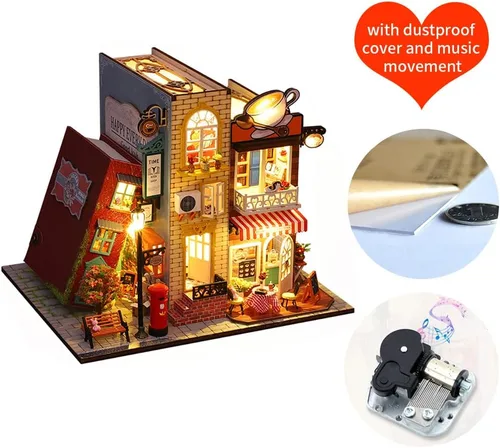 Miniatura 6 de Soporte de madera 3D para libros, rompecabezas de casa de muñecas, sujetalibros de madera, kit de construcción de rincones con luz LED