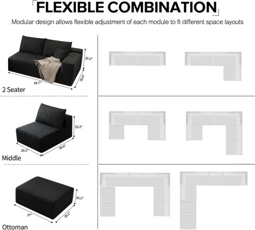 Miniatura 7 de Sofá seccional modular de 139.4", sofás minimalistas en forma de U con 2 otomanas chaise, sofá cama convertible moderno de asiento profundo, tela