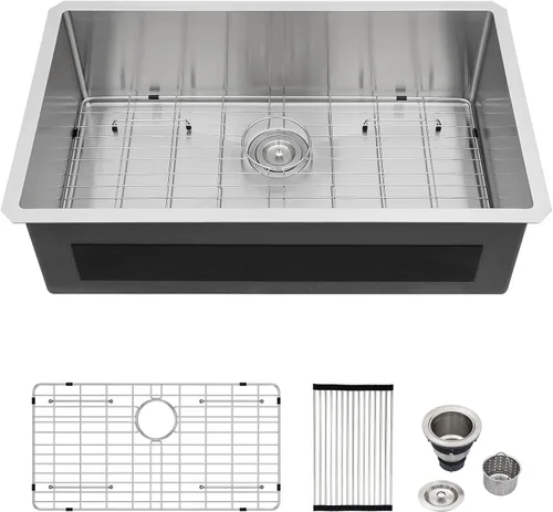 Logmey Fregadero de cocina de montaje inferior de 33 pulgadas 33x19 Fregaderos de acero inoxidable SUS304 calibre 16 hechos a mano de un solo