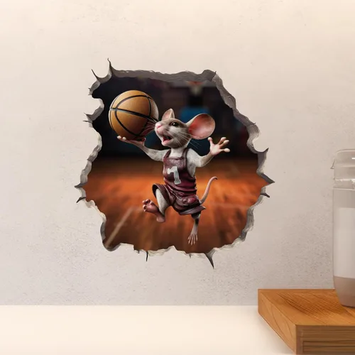 Miniatura 4 de My Wonderful Walls Adhesivo de pared 3D de ratón de baloncesto con agujero de ratón, calcomanía de vinilo naranja y blanco para paredes, ventanas