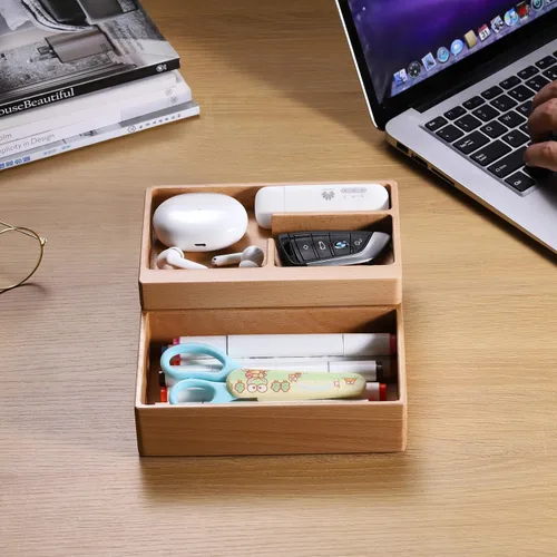 Miniatura 4 de Caja de bandeja de valet, caja de almacenamiento de madera de haya con rotación magnética, organizador de suministros diarios para escritorio