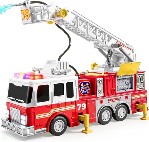 JOYIN Camión de Bomberos Extra Grande para Niños Pequeños con Escalera de 33 Pulgadas, Luces y Bomba Rociadora, Vehículo de Emergencia Grande,