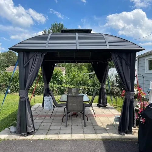 Miniatura 2 de Domi Cenador de Techo Rígido de 10'x12' con Toldo Arqueado, Cenador de Aluminio para Exteriores con Doble Techo de Acero Galvanizado, Cortina y Red