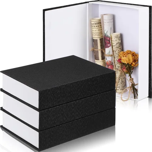 Miniatura 8 de Tioncy Caja de libros falsos de lino neutro, 3 piezas, decoración de imitación para decoración del hogar, estantes, mesa, tarjetas, fotos, regalo